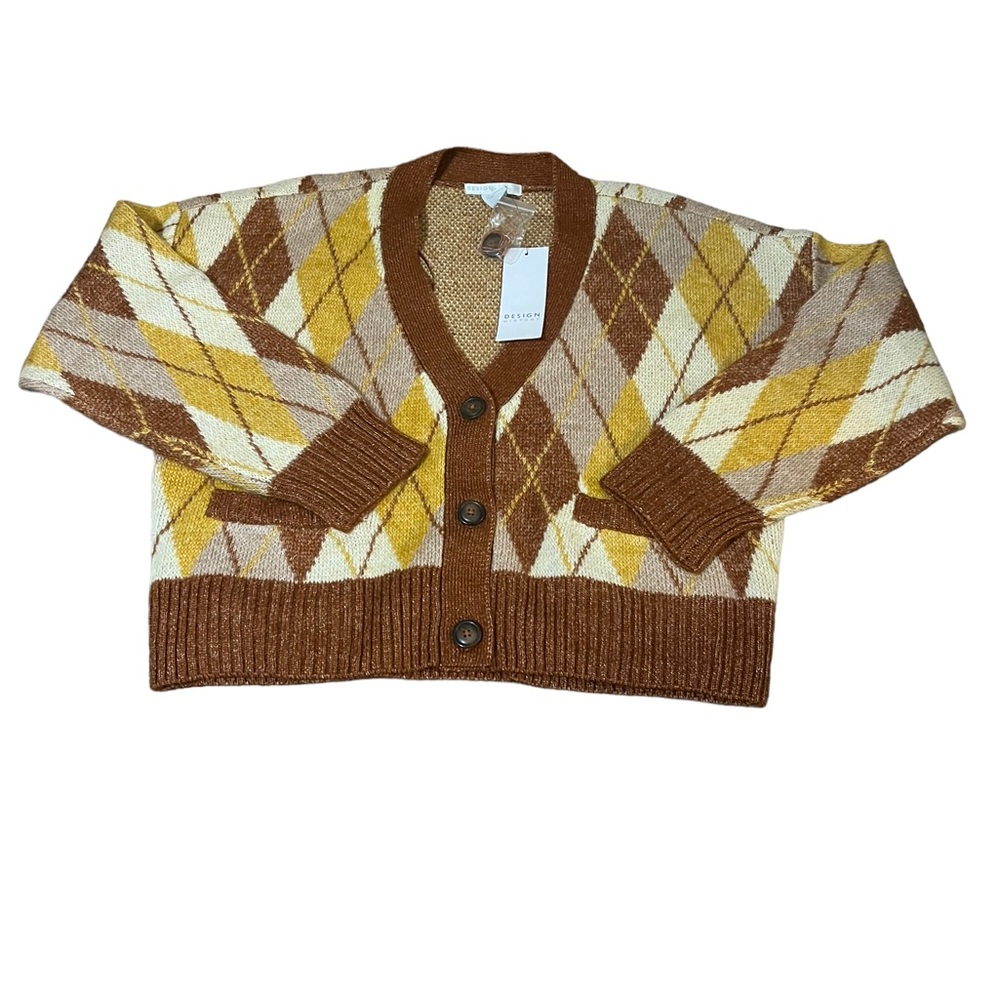 NWT Design History Rust/Yellow Argyle Cardigan Sweater Size L